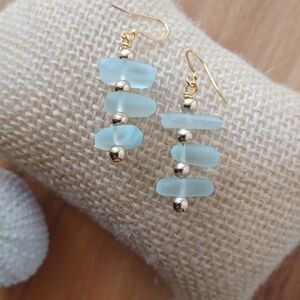 Gold and Blue Sea Glass Earrings